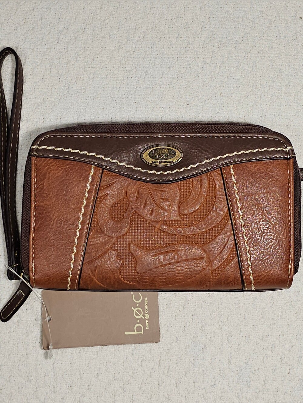 b.o.c. Embossed Brown Leather Wristlet Wallet
